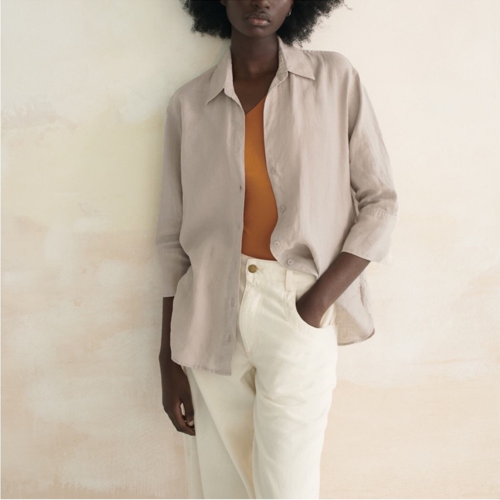 ZARA BUTTON DONW LINEN TAUPE SHIRT
